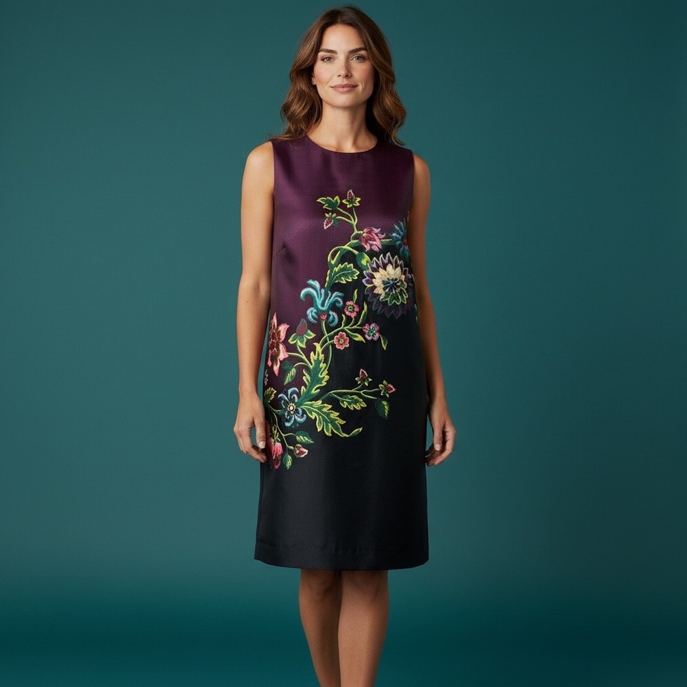TUCKERNUCK Dark Floral Shift Dress L Plum Wine Pockets Mod Wedding Guest Party